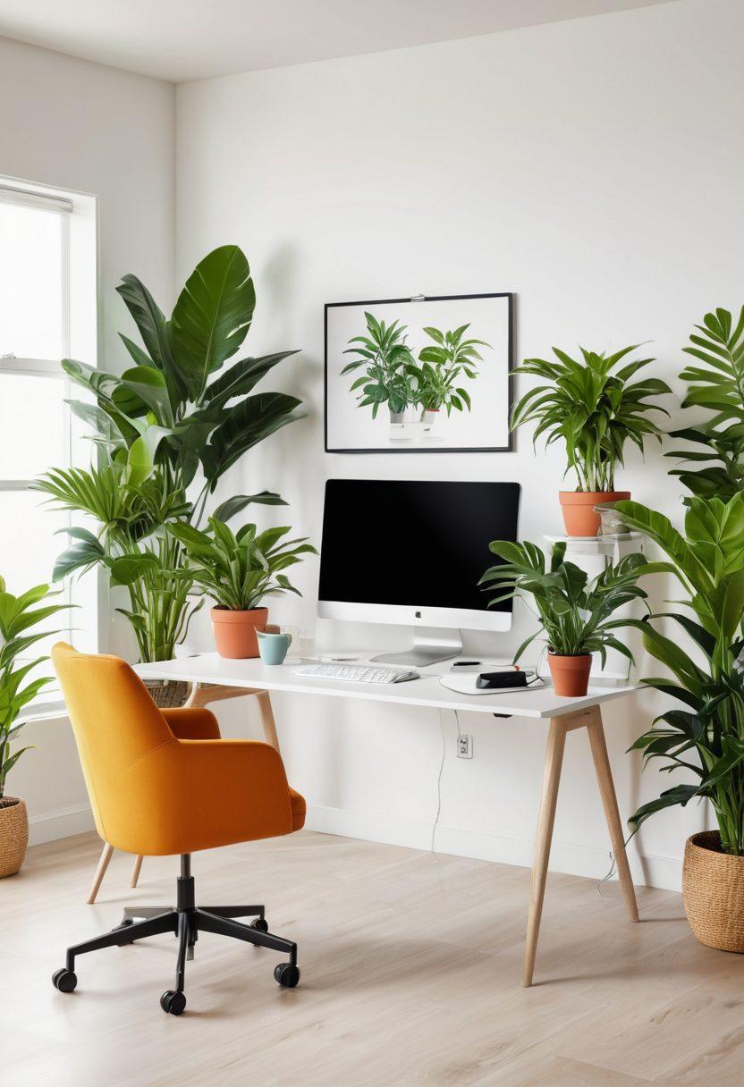 A bright and modern home office setup with diverse individuals collaborating over a virtual meeting on a large screen. Showcase vibrant plants and ergonomic furniture to represent comfort and positivity. Include various tech devices like tablets and laptops scattered around, emphasizing collaboration. The overall atmosphere should feel open and inspiring, reflecting the efficiency of remote work. super-realistic. vibrant colors. white background.