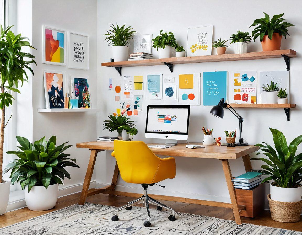 A visually inspiring digital workspace featuring a bright, organized desk with smart technology, ergonomic furniture, and personal touches like plants and artwork. Include vibrant color palettes, encouraging productivity and joy, with elements like a sleek laptop, coffee mug, and motivational quotes on the walls. Capture an atmosphere of creativity and efficiency. super-realistic. vibrant colors. white background.
