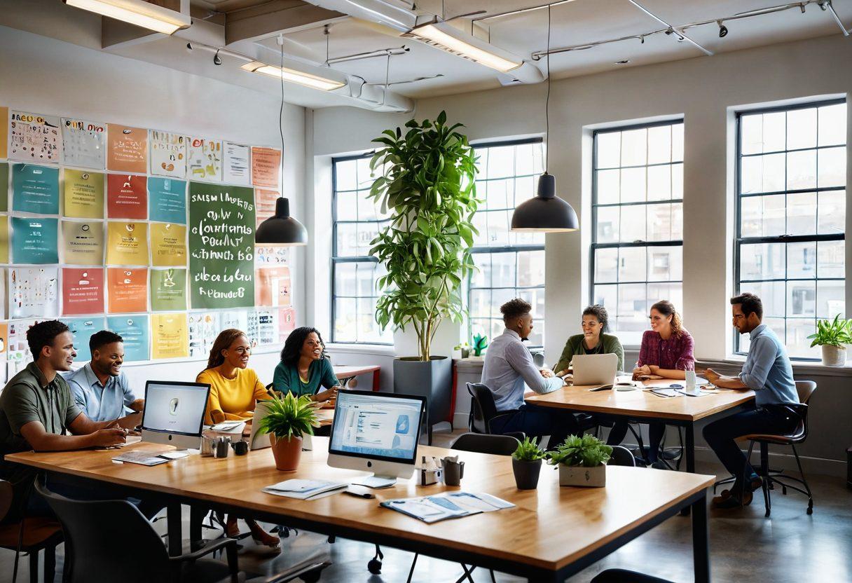 A bright and inviting office environment filled with diverse, happy employees collaborating around a large table. Include inspirational posters on the walls about productivity and teamwork, plants for a fresh feel, and natural light streaming through large windows. Emphasize a sense of community, joy, and focused work. super-realistic. vibrant colors. 3D.